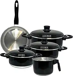 Jogo de Panelas 5 Peças Alumínio Preto Esmaltado | Frigideira, Fervedor e Caçarola com Tampa