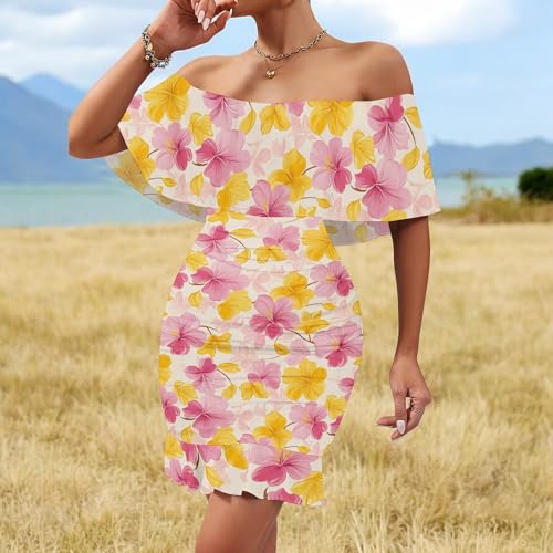 Image of PinkPatty Summer Mini Dress for Women Off Shoulder Ruffled Bodycon Dresses Short Beach Sundress