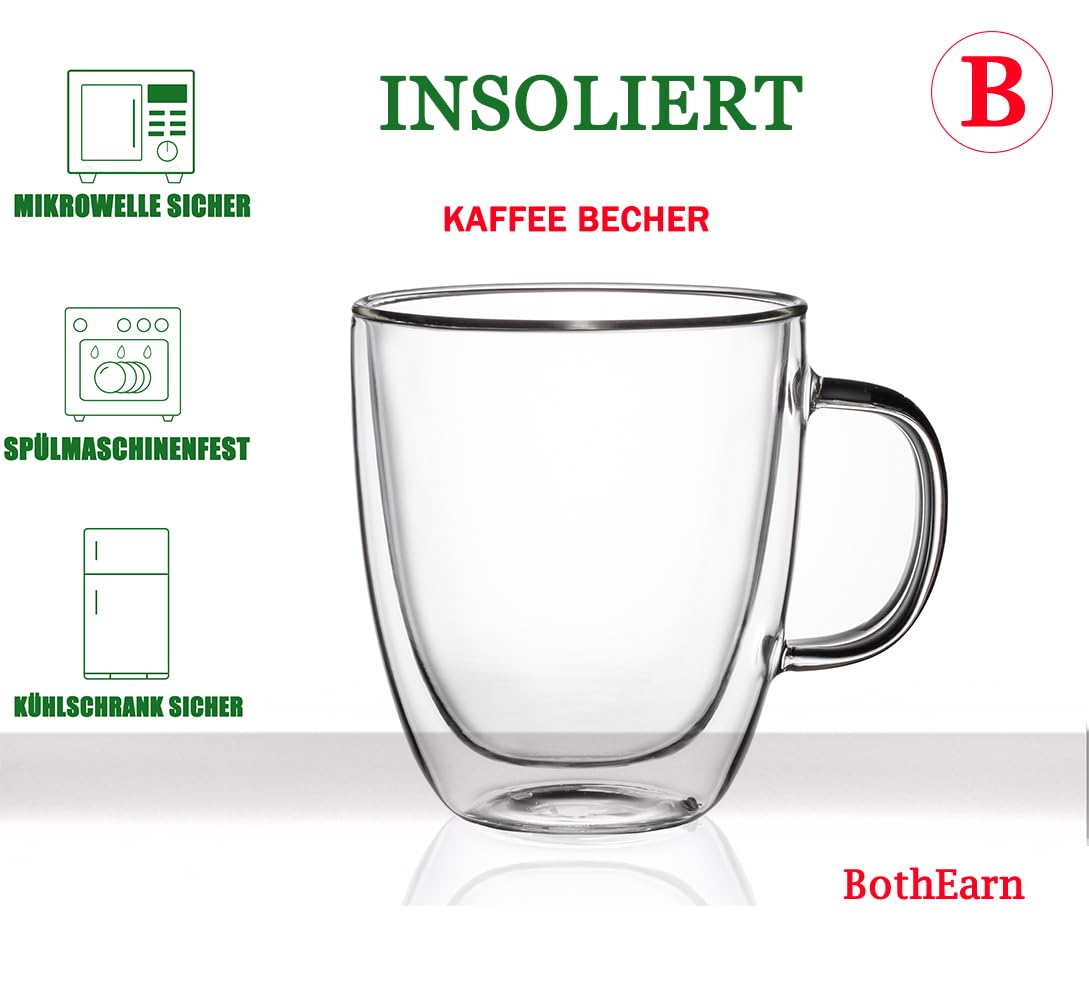 Großes transparentes Kaffeebecher-Set, 560 ml, Bistro-Doppelwand-Jumbo-Tasse mit großem Griff, ideal für Latte, Cappuccino und Saft, BE026