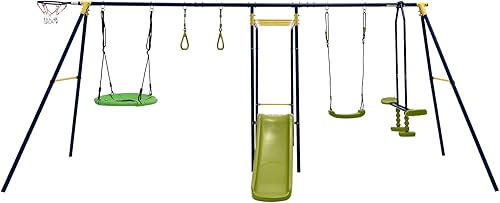 Costzon Juegos de columpios para patio trasero, marco de columpio de metal grande de 660 libras para niños y adultos con 2 columpios, deslizador,