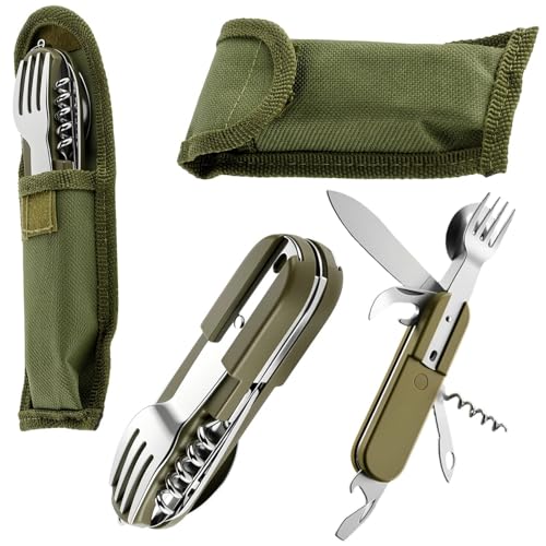 Dexpally Lot de 2 Couvert Camping Multifonction, Couteau Fourchette Cuillere 7 en 1 en Acier Inoxydable, avec Sac de Rangement - Multifonction pour Randonnée,...