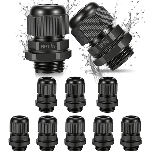 Gicyiit 10PCS 1/2 inch NPT Cable Gland Waterproof Industrial Grade IP68 Waterproof Cable Glands Fits for 6-12mm Cable Premium Nylon PA66 Strain Relief Wire Grommet Cord Grip for Junction Box