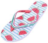 Weiße Flip Flops mit blauen Streifen und wiederholtem Muster von Wassermelonen.