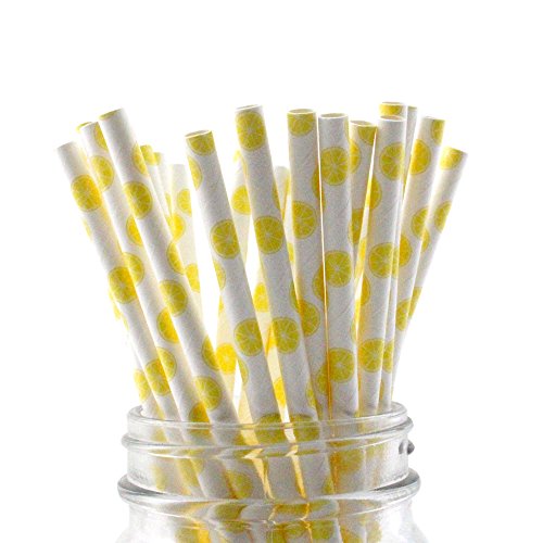 IPALMAY Lemon Patterned Drinking Paper Straws, Disposable Lemon Straws 7.75 Inches, Pack of 100 (Lemon)
