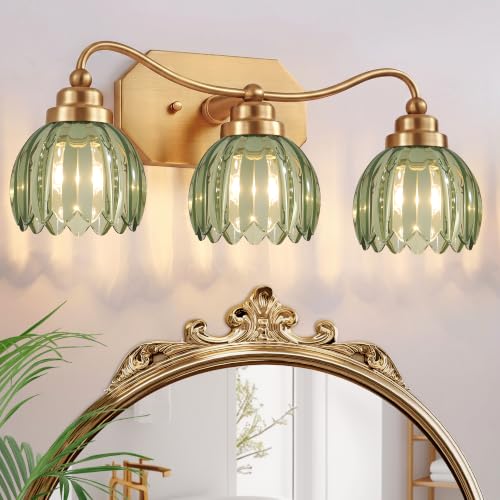 Image of Vintage Gold Vanity Lights, 3 Light Tulip Crystal, Antique Brass Finish | Brushed Gold Bathroom Light Fixtures, Green Wall Sconce Ideal for Bedroom, Living Room, E26 Compatible, Easy Install
