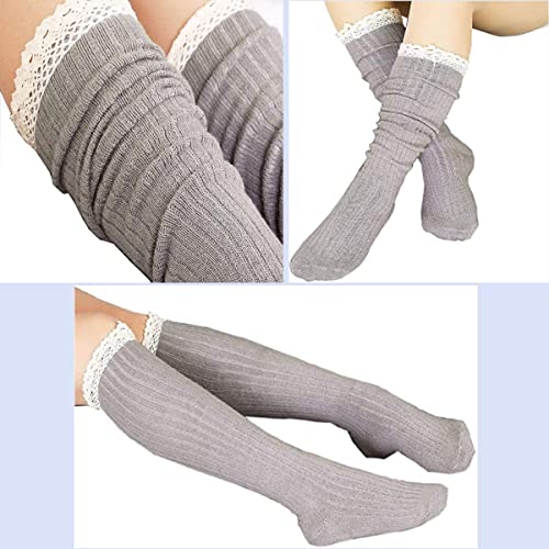 4 Pack Women Cotton Knit Boot Socks Knee High Socks Stockings with Lace Trim, Free size, Beige Black Coffee Green3