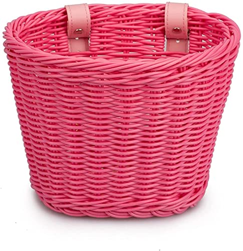 Yeehliny Fahrradkorb Kinder, Fahrradkorb Geflochten für Mädchen und Kinder vorne, Laufradkorb Lenkerkorb Lenkerkörbchen Körbchen für Fahrrad aus Kunststoff, mit Lederriemen (Rose)