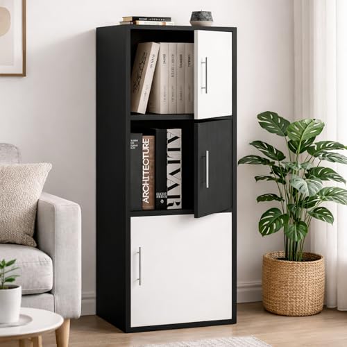 Image of Callas Wooden Book Rack | Multi-Compartment Storage Cabinet | Space-Saving Vertical Bookshelf with Doors | Durable & Sturdy Organizer for Home & Office (Black, 3 Tier)