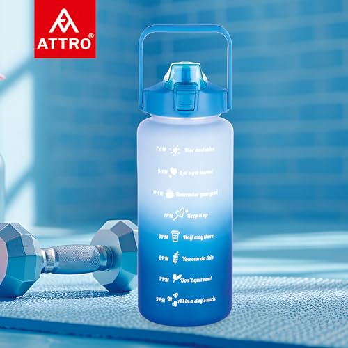 Image of ATTRO Motivational 2 Liter Quotes & Time Marker Dual Colour Sports Bottle With Easy to Carry Handle & Straw BPA Free, Leak Proof for Gym, Office, Workout- Blue Sky Blue, Plastic