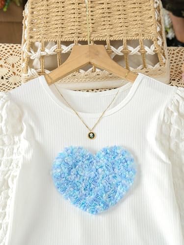 Image of Floerns Girl's 2 Piece Outfit Puff Long Sleeve Tee Flare Leg Denim Pants Set Blue and White 10Y