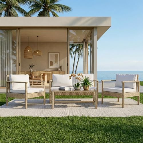 Image of BRISHI Outdoor Sofa Set || Balcony Sofa || Patio Furniture Sets || Indoor Sofa|| Wicker Rattan Garden Sofa Set with Cushion and Center Table, 4 Seater (White-Beige)