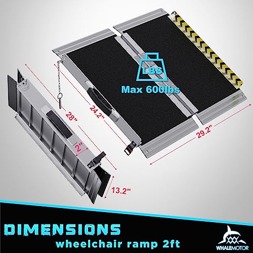 Portable Wheelchair Ramp 2FT, Anti-slip Aluminum Folding Portable Ramp, Wheelchair Ramps for Home, Weight Capacity Up to 600 LBS, with Transition Plates above and below