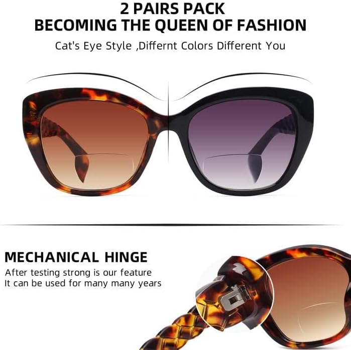 Miniatura 2 de LADEESSE Lentes de sol de lectura para mujer  Elegantes lentes de sol bifocales con lectores integrados  Protección UV400  Paquete de 2 + 2.75