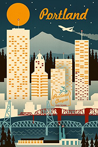 Portland, Oregon, Retro Skyline (9x12 Wall Art Print, Home Decor)