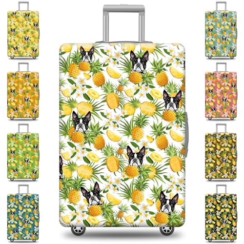 Boston Terrier with Pineapples Luggage Cover Dog Hawaiian Tropical Fruit Floral Suitcase Cover Fits 18-32 Inch Suitcase Protector Custom Multi Colors