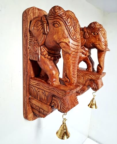 Image of Wooden Elephant Wall Bracket Pair 12 Inch Hand Carved Wood Wall Hanging with Brass Bells | Traditional Elephant Corbel Shelf Decor (Set of 2)