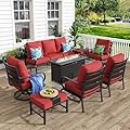 MFSTUDIO 8 Pieces Patio Furniture Sets with 45" Gas Fire Pit Table(Up to 9 Seat),Outdoor Metal Conversation Sofas with 1 x 3-Seat Sofa, 2 Single Chairs,2 Swivel Chairs and 2 Ottoman,Red Cushion