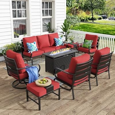 MFSTUDIO 8 Pieces Patio Furniture Sets with 45" Gas Fire Pit Table(Up to 9 Seat),Outdoor Metal Conversation Sofas with 1 x 3-Seat Sofa, 2 Single Chairs,2 Swivel Chairs and 2 Ottoman,Red Cushion