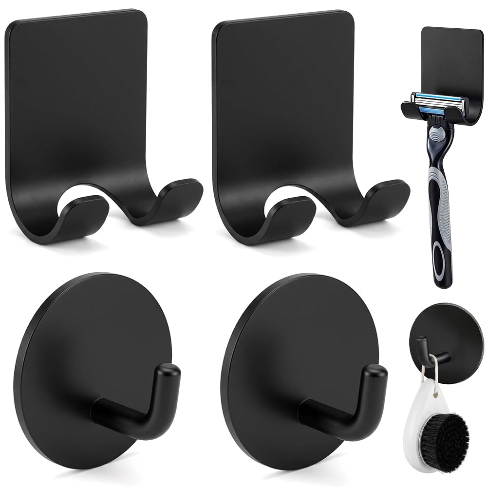 Avlnuwn Black-4Pcs Razor Holder For Shower With Adhesive Wall Hooks, 304 Stainless Steel Hanging Hooks For Bathroom & Kitchen, Waterproof Stick Design, 2+2 Pack Black