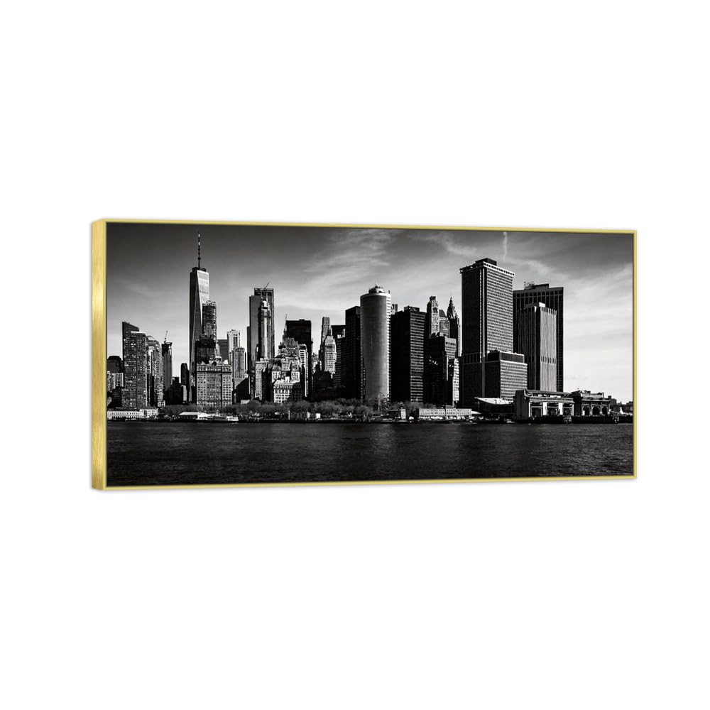 Buildings 2 Black White Landscape Canvas Picture 60x120cm Gold Frame