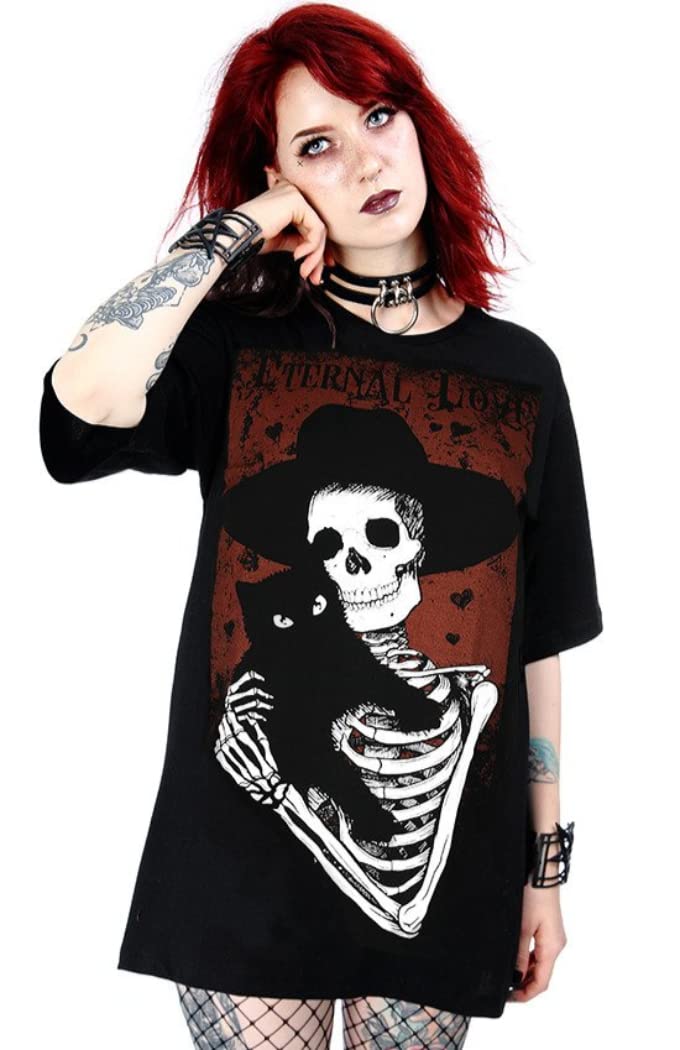 Restyle Eternal Love Cat Skeleton Gothic Oversized T-Shirt - Black