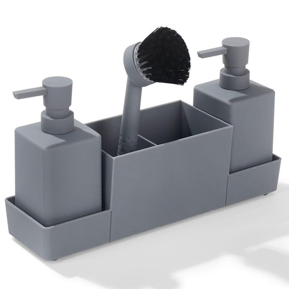 Set organizer per lavello da cucina con dispenser di sapone da 350 ml, spazzola per la pulizia e vassoio per spugna, plastica ABS, finitura opaca, grigio/beige/bianco/nero/per marrone rosso