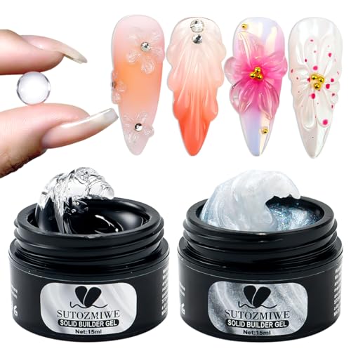 SUTOZMIWE Solid Builder Gel for Nails Clear and Aurora Pearl White Non-Sticky Hand Sculpting Gel for Nail Art Hard Gels for Nails Modeling Carving Nail Extension Manicure DIY At Home