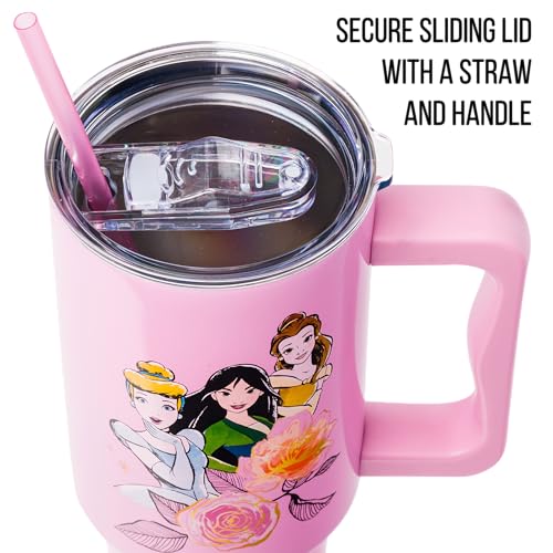 Image of Silver Buffalo Disney Princess Featuring Cinderella, Mulan, Belle, Ariel, Tiana, and Jasmine Double Walled Stainless Steel Tumbler with Handle and Straw, Fits in Standard Cup Holder, 40 Ounces
