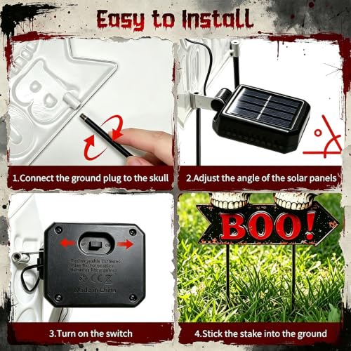 Image of VOOKRY Solar Halloween Skull Lights Outdoor, 3 Skulls with Red Glowing Eyes