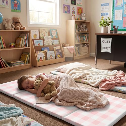 Image of Shellwei Vinyl Nap Mat Kid Preschool Daycare Sleep Mat,Light Pink White