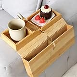 Bamboo Couch Armrest Table with Side Storage Pocket, 4 in 1 Foldable Couch Cup Holder Tray, Sofa Arm Tray Remote Control Holder & Food Tray for Drinks Cellphone TV Remote Snacks for Most Armrests