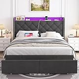 TIGUBFRE Bed Frame Full Size with LED Lights, Drawers, Upholstered Bed Frame with Wingback Button Tufted Headboard, Wood Slats Support, Easy Assembly, No Box Spring Needed, Dark Grey
