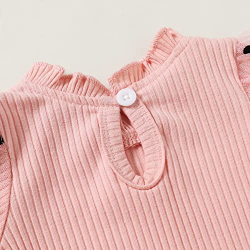 Younger Tree Newborn Baby Girl Clothes Floral Romper Top Flared Pant Set Bell Bottom Long Sleeve Infant Bodysuit Fall Winter Outfits 0-18M (Pink, 3-6 Months) #TOP4