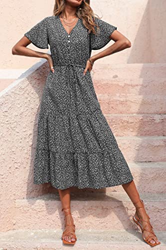 PRETTYGARDEN Summer Floral Dress for Women 2025 Casual Boho Short Sleeve Maxi Dresses V Neck Tiered Flowy Beach Sundress