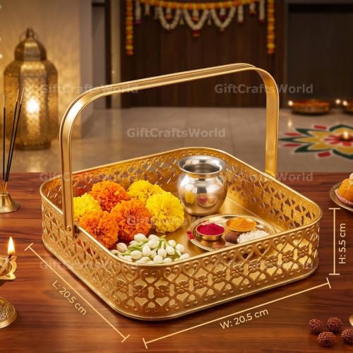 Image of Multipurpose Metal Basket For Gift Hamper, Pooja Temple Storage With Sturdy Handle, Decorative Flower Organizer & Versatile Puja Utility Accessories Home Decoration (Square 20.5cm)