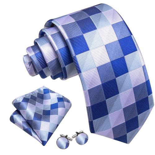 Image of Barry.Wang Plaid Ties Check Mens Necktie Set with Handkerchief Cufflinks Classic Stripe