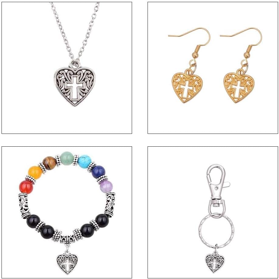 80 dijes de cruz de corazón de 2 colores, dijes de cruz de Pascua, dijes huecos de corazón de amor, colgantes dorados y plateados para Pascua, boda, San Valentín, Ramadán, decoración, 3