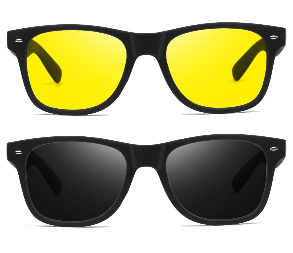 Anemxer® Combo of Night Driving HD Vision Glasses with Diamond Cut Design and Black Daytime UV400nm Sunglass for Men Women Anti Glare For Night Bike Riding Car driving