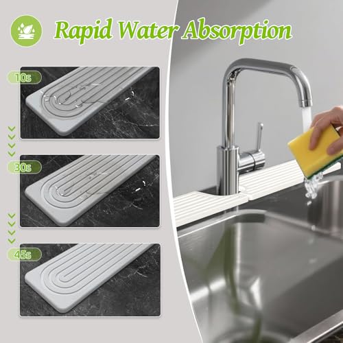 Stone Faucet Mat for Kitchen Sink, Diatomite Quick Dry Kitchen Sink Splash Guard, Durable Water Absorbent Stone Faucet Tray, Non-Slip Drying Mat for Bathroom Counter (White, 23.6" x 4") by KAWRYDI - Used condition - Image 3