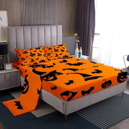 Feelyou Happy Halloween Bed Sheets Set Full Size Pumpkin Bedding for Kids Fall Pumpkin Lantern Bat Cobweb Magic Hat Orange Sheet with 16 Inch Deep Pockets Room Decor with 2 Pillow Case Soft 4Pcs