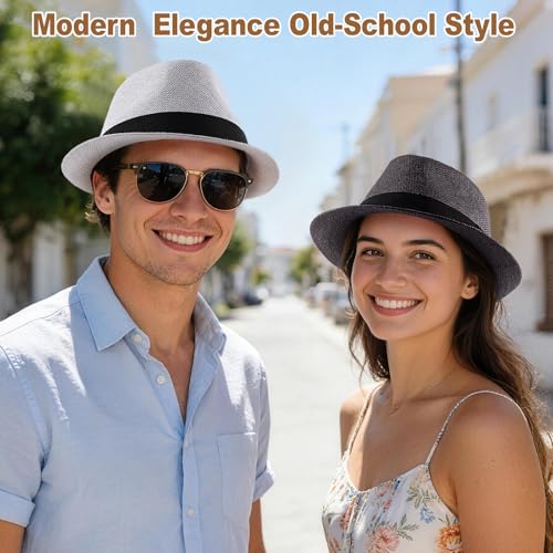Image of Straw Fedora Hats for Men Women, 1920s Short Brim Trilby Panama Hat Summer Beach Sun Cap
