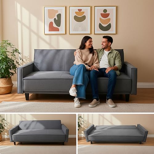 Opiniones y reviews de Estructuras para futones los mejores 10. 48 MODISOFA | Sillón Sofá Cama Plegable Siesti - Sala Moderna Minimalista 3 Plazas - Tapizado Poliéster - Estructura De Madera Solida - Acolchado de Espuma de Alta Densidad - Gris