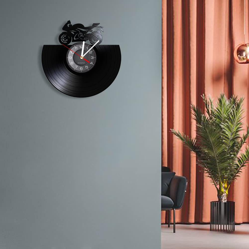 Orologio da parete in vinile, orologio analogico a forma di moto da corsa, con luce notturna a LED, decorazione da parete regalo.