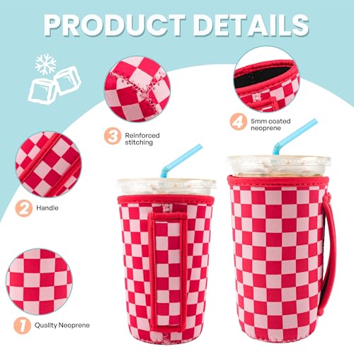 Image of KJQJLY 3 Pack Reusable Iced Coffee Sleeves for Iced Coffee Cups or Drinks Reusable Neoprene Insulated Sleeves for Hot and Cold Drinks from Starbucks, Dunkin, And More (Pink Grid)