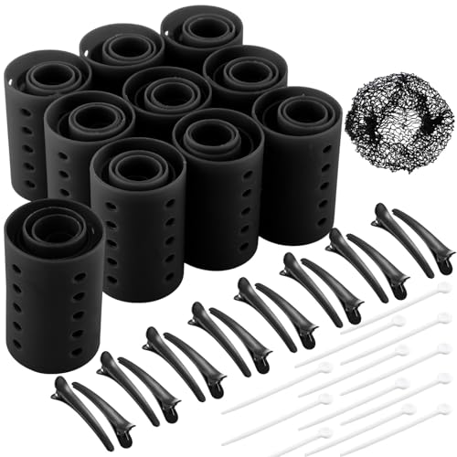 WILLBOND 141 Pieces Hair Rollers Set Include 60 Pcs Plastic Hair Rollers (black,6 Sizes)