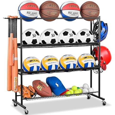 Mythinglogic Basketball Rack, Ball Storage with Baseball Bat Holder, Rolling Ball rack with Removable Nylon Mesh for Various Ball Sizes, Basketball Holder for Football Basketball Soccer Ball Cover