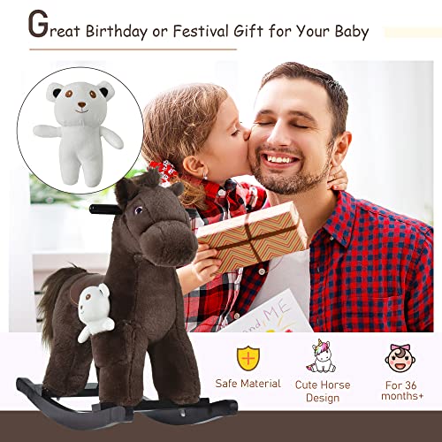 Qaba Kids Plush Ride-On Rocking Horse With Bear Toy, Children Chair With Soft Plush Toy & Fun Realistic Sounds, Brown #TOP6