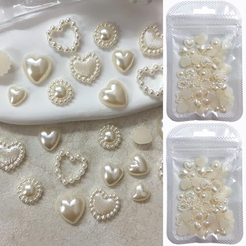 200 Pcs Creamy White Heart Pearls Flatback 3D Nail Art Charms, Mixed Styles Pearl Nail Jewelry Decor for Manicure, DIY Craft Beads for Acrylic Nails, Salon, Scrapbooking and Phone Case Decorations