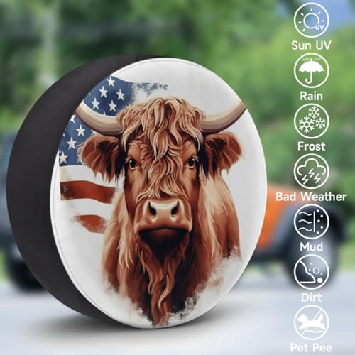 Image of Spare Tire Cover for RV Trailer, American Highland Cow Tire Covers Universal Fit for Travel Trailer Camper Jeep RV SUV Truck Waterproof Wheel Cover (15 inch for Diameter 27 inch - 29 inch),A-1019