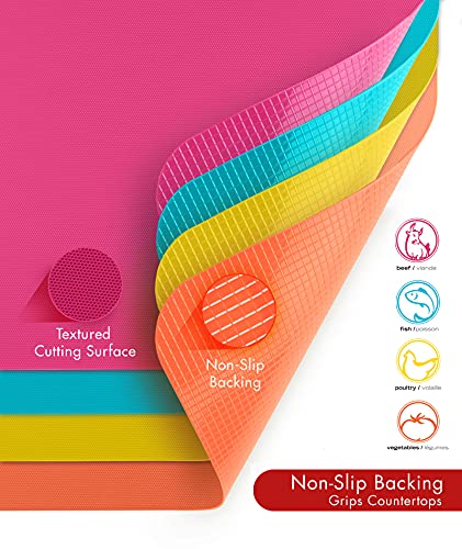 Image of Dexas Heavy Duty Cutting Board Grippmat, Flexible Cutting Boards for Kitchen, Set of 4, Non Slip Plastic Board Cutting Mat 11.5 by 14 inches, Bright Blue, Yellow, Orange and Pink Set Kitchen Gadgets